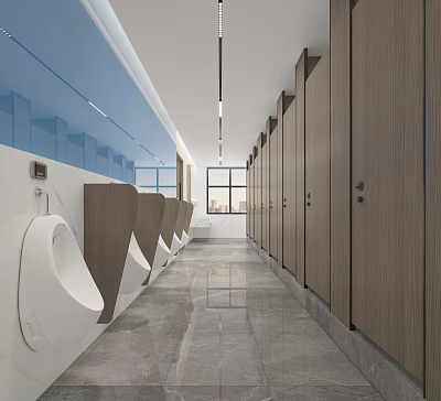 Modern Public Restroom Interior With Urinals Partitions And Large Windows 3d model