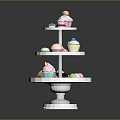 Three Tiered White Display Shelf with Assorted Desserts Including Cupcakes Ice Cream Cones and Macarons