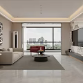 Modern Living Dining Room With Beige Sofa Red Armchair Black Coffee Table Geometric Wall Art
