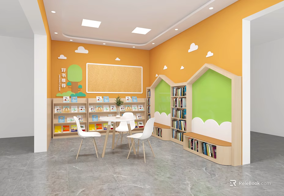 Colorful Children's Reading Space With Orange Walls Cloud Decor And Bookshelves 3d model 