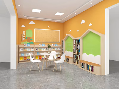 Colorful Children's Reading Space With Orange Walls Cloud Decor And Bookshelves 3d model