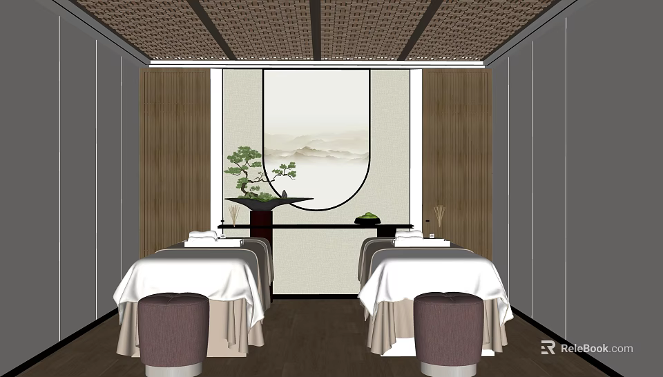Serene SPA Sauna Interior With Massage Tables Wooden Walls And Round Landscape Painting 3d model 