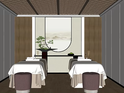 Serene SPA Sauna Interior With Massage Tables Wooden Walls And Round Landscape Painting 3d model