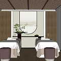 Serene SPA Sauna Interior With Massage Tables Wooden Walls And Round Landscape Painting