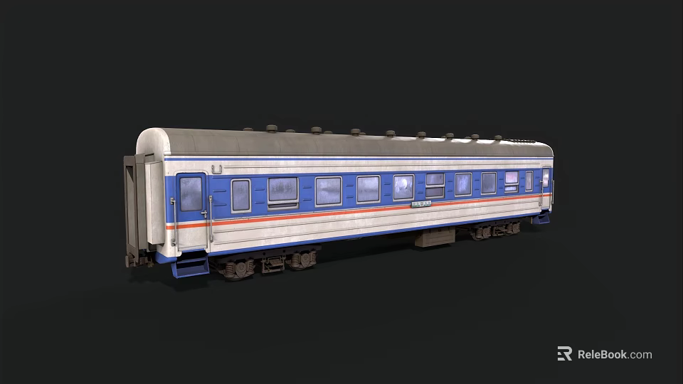 Blue White Red Striped Train Carriage With Multiple Windows And White Roof 3d model 
