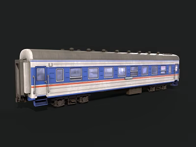 Blue White Red Striped Train Carriage With Multiple Windows And White Roof 3d model