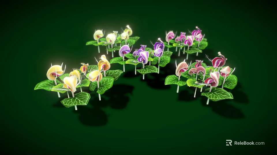 Various Colored Flowers With Yellow Purple Pink Blooms And Green Leaves On Green Background 3d model 