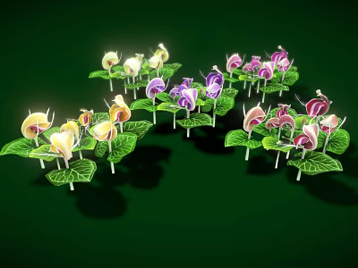 Various Colored Flowers With Yellow Purple Pink Blooms And Green Leaves On Green Background 3d model
