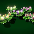 Various Colored Flowers With Yellow Purple Pink Blooms And Green Leaves On Green Background