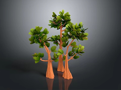 Three Trees With Orange Textured Trunks And Lush Green Leaves On Gray Background 3d model