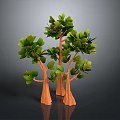 Three Trees With Orange Textured Trunks And Lush Green Leaves On Gray Background