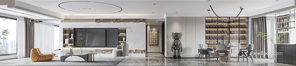 Modern Living Dining Room Interior With Sofa Dining Table And Art Sculpture 3d model