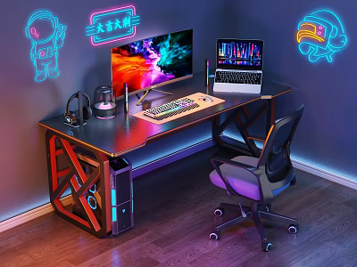 Gaming Desk Setup With Monitor Keyboard Headphones Neon Lights And Ergonomic Chair 3d model
