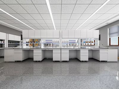 Modern Spacious Bright Laboratory Interior With White Cabinets Lab Benches And Equipment 3d model