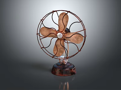 Vintage Air Cooler Fan With Metal Wire Frame And Wooden Blades On Rustic Base 3d model