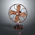 Vintage Air Cooler Fan With Metal Wire Frame And Wooden Blades On Rustic Base