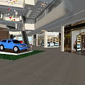 Shopping Mall Lobby Interior With Colorful Seats Glass Counter and Store Signs