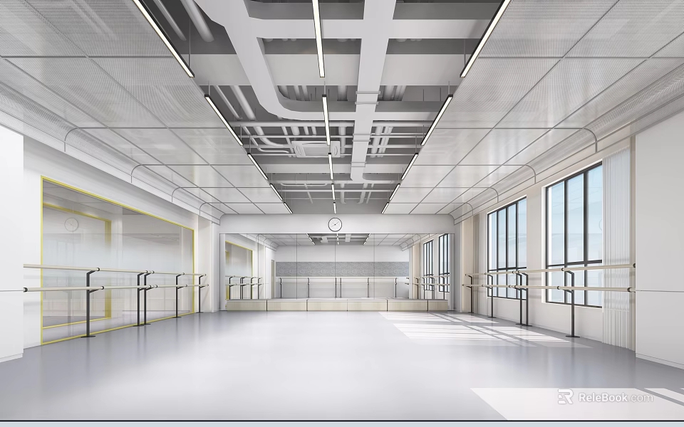 Modern Open Fitness Studio With Railings Spacious Area And Bright Lighting 3d model 