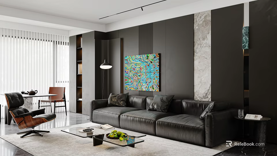 Modern Living Dining Room Interior With Black Leather Sofa Colorful Abstract Painting And Marble Wall 3d model 