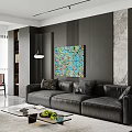 Modern Living Dining Room Interior With Black Leather Sofa Colorful Abstract Painting And Marble Wall