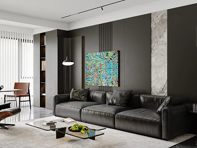 Modern Living Dining Room Interior With Black Leather Sofa Colorful Abstract Painting And Marble Wall 3d model
