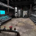 Industrial Monitoring Room With Control Panels Pipes Valves And Screen Display Setup
