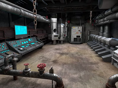 Industrial Monitoring Room With Control Panels Pipes Valves And Screen Display Setup 3d model