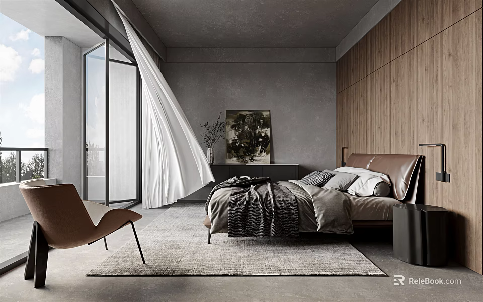 Modern Bedroom Interior With Wooden Wall Large Bed Area Rug And Floor to Ceiling Window 3d model 