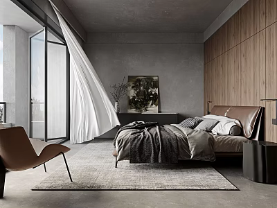 Modern Bedroom Interior With Wooden Wall Large Bed Area Rug And Floor to Ceiling Window 3d model