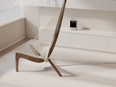 Modern Wooden Frame Lounge Chair With Woven Seat In Bright Living Space 3d model