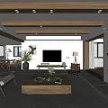 Open Concept Living Dining Room With Wooden Beams TV Wooden Coffee Table And Plants
