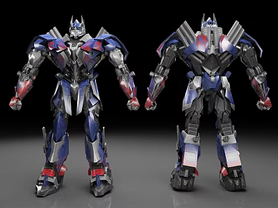 Detailed Transformers Robot Figure Displayed From Two Angles With Blue Red Silver Armor 3d model