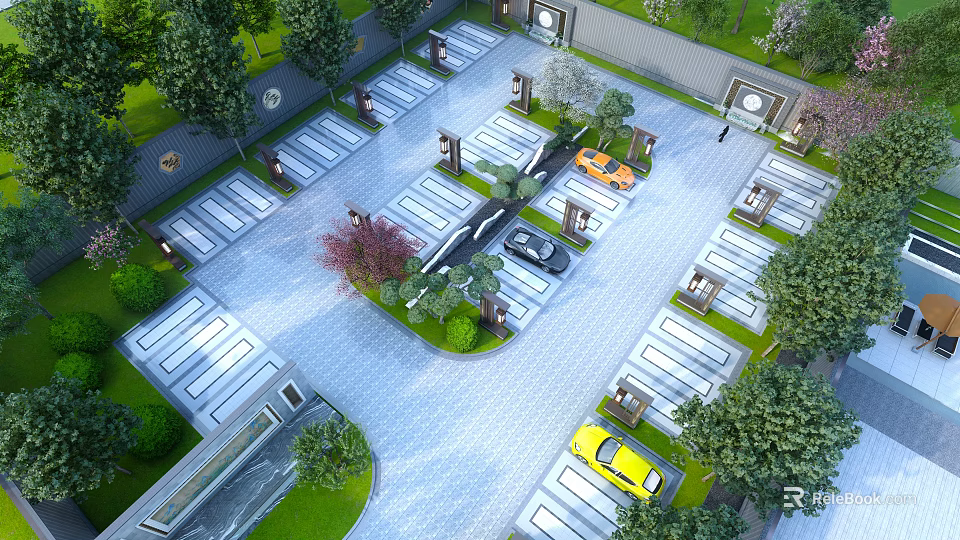 Garden Landscape With Parking Area Greenery Trees And Paved Ground Design 3d model