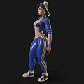 Woman With Pigtails In Blue Crop Top Blue Leggings With Yellow Stripes And White Sneakers