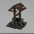 Traditional Well Structure With Wooden Frame Red Wooden Roof Stone Base And Water Bucket