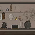 Modern Decorative Ornament Set With Sculptures Vases Dried Flowers Books On Wooden Shelves