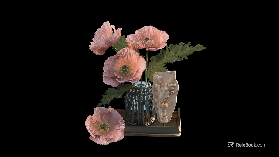 Pink Poppies Arrangement in Glass Vase with Stone Decoration on Wooden Tray 3d model 