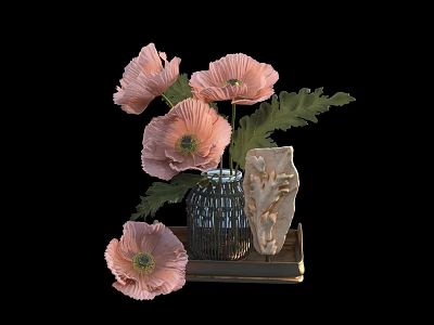 Pink Poppies Arrangement in Glass Vase with Stone Decoration on Wooden Tray 3d model