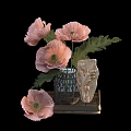 Pink Poppies Arrangement in Glass Vase with Stone Decoration on Wooden Tray