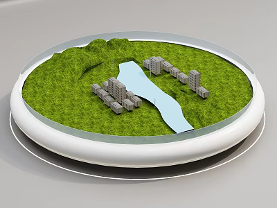 Scenic Circular Model Featuring Green Grass River And Small Buildings 3d model
