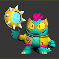 Vibrant Green Creature With Pink Hair In Yellow Jacket Holding Spiked Round Object