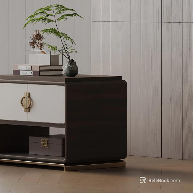 Modern Dark Brown Side Table With White Drawer Gold Handle And Top Books Vase Greenery 3d model 