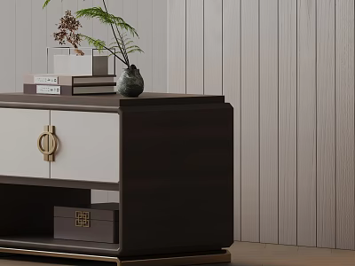 Modern Dark Brown Side Table With White Drawer Gold Handle And Top Books Vase Greenery 3d model