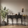 Elegant Black Console Table With Indoor Plant Vintage Telephone Sculpture And Flower Vase In Sunlight