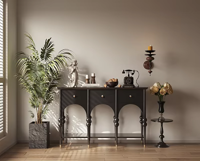 Elegant Black Console Table With Indoor Plant Vintage Telephone Sculpture And Flower Vase In Sunlight 3d model