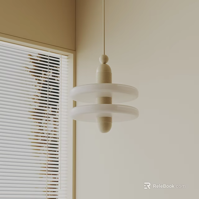 Modern Minimalist Pendant Light With Two White Circular Shades In Indoor Room With Blinds 3d model 