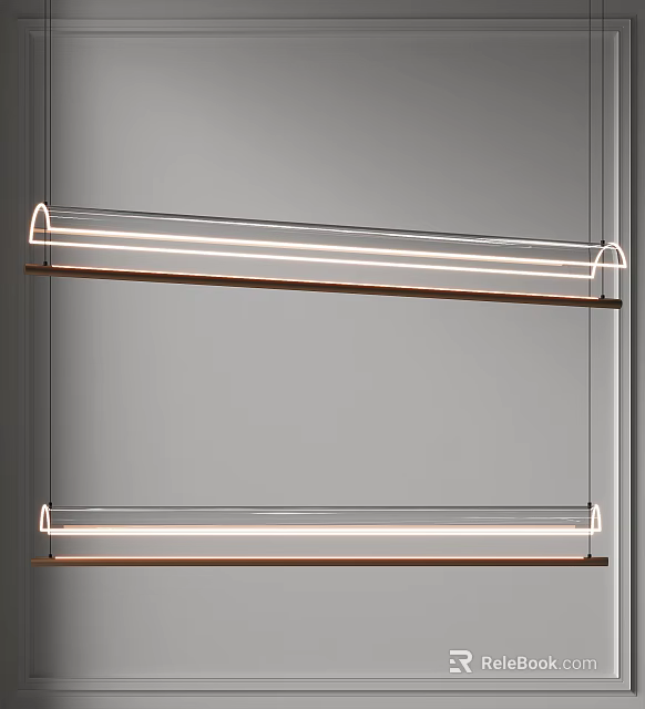Modern Linear Pendant Light With LED Strip And Wooden Base Design 3d model 