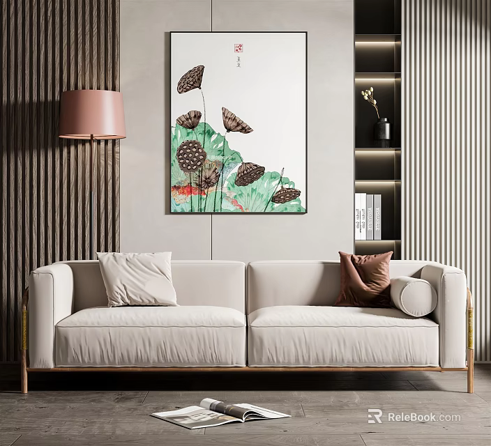 Light Beige Two Seater Sofa With Throw Pillows And Decorative Painting On Wooden Wall Interior 3d model 