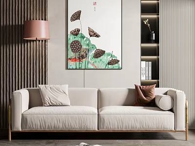 Light Beige Two Seater Sofa With Throw Pillows And Decorative Painting On Wooden Wall Interior 3d model