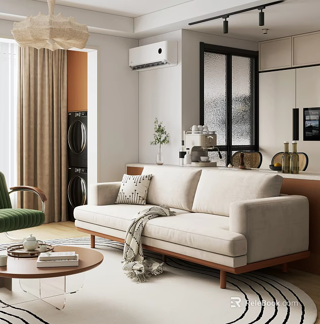 Comfortable Light Beige Fabric Double Seater Sofa For Warm Modern Minimalist Living Room Decoration 3d model 